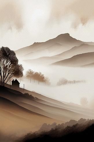 size: 18x12in Art Print: Misty Landscape II by Lana Kristiansen : Sepia Landscape Painting, Misty Landscape, Watercolour Landscapes, Birch Tree Art, Chinese Landscape Painting, Peacock Painting, Watercolour Inspiration, Chinese Landscape, Acrylic Painting Techniques