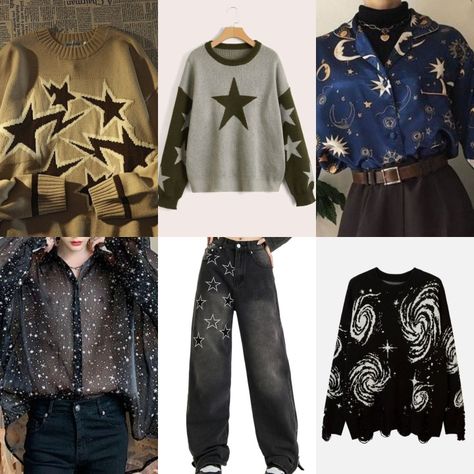 star themed sweater(s), star patterned jeans, blue silk shirt w/celestial embroidery, black sweater with white galaxies, sheer black button down with glitter "stars" Galaxy Outfit Men, Stars Aesthetic Clothes, Star Inspired Outfits Male, Star Themed Outfits Men, Clothes With Stars Aesthetic, Celestial Clothes Men, Space Aesthetic Outfit Men, Star Themed Character, Star Themed Clothing