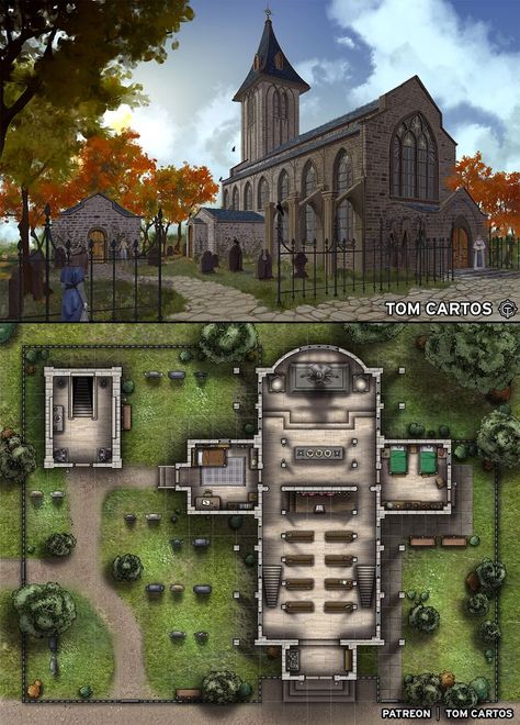 Church Battlemap, Illustration Scene, Church Design Architecture, Dragons 5e, Dnd World Map, Fantasy World Map, Dungeon Master's Guide, Tabletop Rpg Maps, Rpg Map