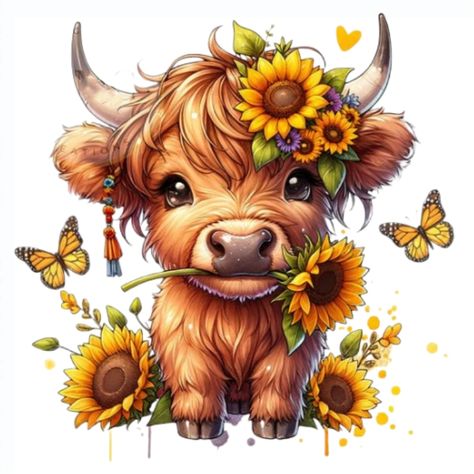 Highland Cow Clipart, Cow Sunflower, Cow Wallpaper, Highland Cow Png, Sunflower Drawing, Cute Highland Cow, Cow Clipart, Fancy Bows, Mug Png