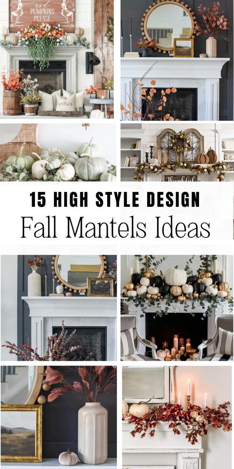 Bring the beauty of autumn indoors with our '15 High Style Fall Mantel Decorating Ideas'. Discover how to create a stunning centerpiece for your fall fireplace with seasonal elements, warm hues, and unique pieces. Transform your living space into an inviting autumnal retreat. Want to know more? See my blog for more! Fall Greenery On Mantle, How To Decorate A Deep Fireplace Mantel, Elegant Fall Fireplace Mantle Decor, Fall Mantel Decoration Ideas, Autumn Fireplace Mantel Decor, Mantel Piece Decor, Living Room Fireplace Wall Decor Ideas, Mantel Decorating Ideas Fall, Styling A Mantel