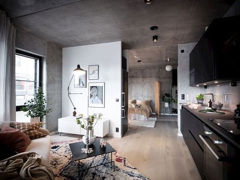 A Small Scandinavian Loft with Industrial Touches - The Nordroom Scandinavian Loft, Industrial Scandinavian, Mini Loft, Concrete Interiors, Scandinavian Apartment, New York Loft, Concrete Walls, Small Loft, Style Loft