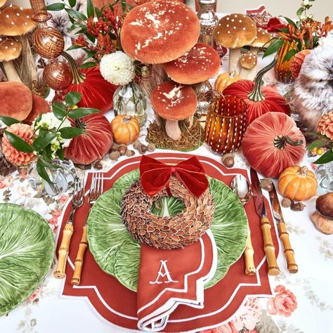 Falling Leaves, Misty Mornings. The Essence of Autumn is captured in this Quintessential Burnt Orange & Caramel Tablescape. Mushroom Decorations, Orange Placemats, Mrs Alice, Starter Plates, Orange Mushroom, Felt Mushroom, Green Napkins, Autumn Table, Wooden Pumpkins