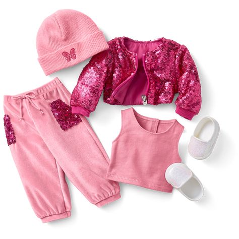 Makena's™ Pink Puffer & Joggers Outfit for 18-inch Dolls includes a sequined puffer jacket, a knit tank top, velour jogger-style sweatpants, a knit hat, and slip-on tennis shoes. American Girl Stuff, American Girl Doll Stuff, Barbie Invitations, Foster Kids, Dolls Furniture, American Girl Doll Accessories, Meghan Markle Style, Style Sweatpants, American Girl Doll Clothes