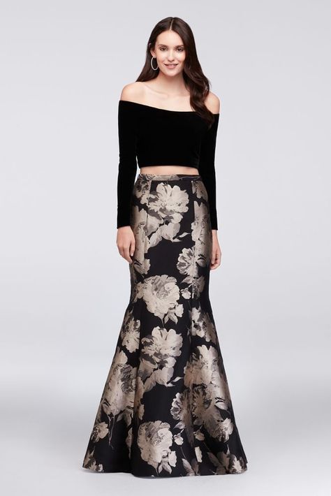 Velvet Crop Top and Brocade Mermaid Skirt Set - Black / Gold, 12 Crop Top Lehenga, Red Bridal Dress, Brocade Skirt, Xscape Dresses, Stylish Crop Top, Velvet Crop Top, Designer Evening Dresses, Cute Prom Dresses, Perfect Prom Dress