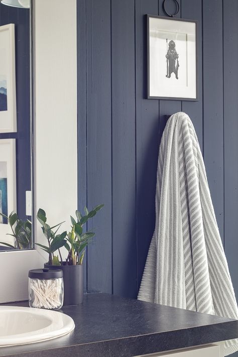 gray and white striped towels Blue Grey Paint Color Bathroom, Lake House Master, Planked Walls, Boy Bathroom, Waterfront Condo, Lake House Bathroom, Coastal Inspiration, Farmhouse Bed, Paint Bedroom