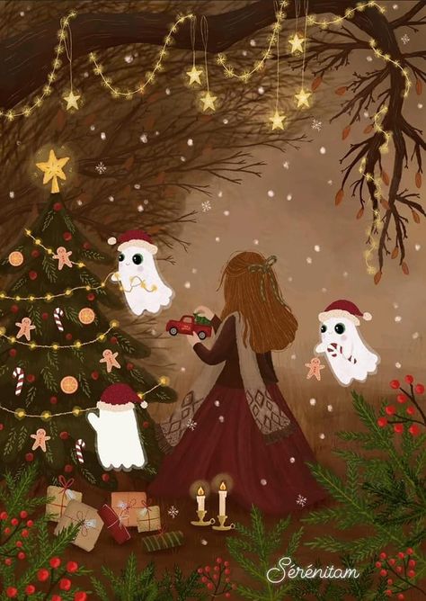 Merry Christmas Fantasy Art, Ghost Christmas Wallpaper, Halloween Cozy Aesthetic, Christmas Ghost Wallpaper, Ghosts Illustration, Halloween Crafting, Christmas Ghost, Halloween Facts, Winter Illustration