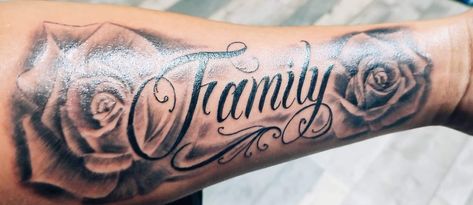 Mens Side Arm Tattoo, Family First Tattoo For Men Forearm, Last Name Arm Tattoo, Family Arm Tattoo Men, Family Forearm Tattoo Men, Name With Flowers Tattoo, Moms Name Tattoo Ideas Men, Mom Name Tattoo For Men, Familia Tattoo Men