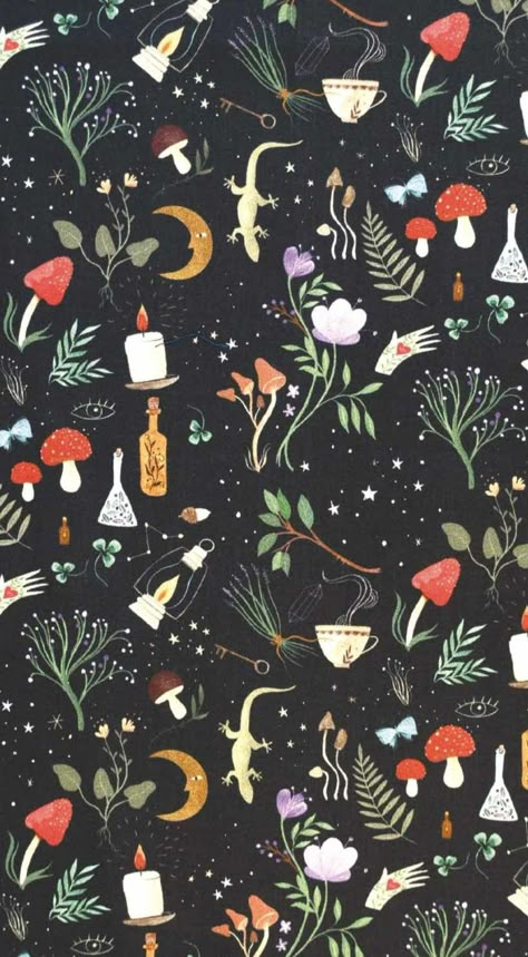 Spring Witchy Wallpaper, Goth Easter Wallpaper, Witchy Pattern Design, Witchy Spring Aesthetic, Witchy Spring Wallpaper, Witchy Spring, Witchy Background, Mushroom Background, Cottagecore Wallpaper