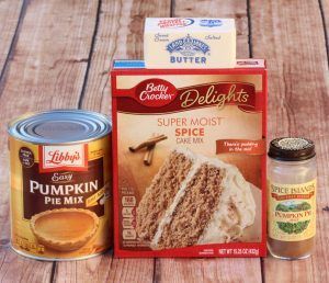 easy-pumpkin-spice-dump-cake-1 box Betty Crocker Spice Cake MixButter {1 stick, ½ cup or 8 tbsp.}, melted1 can Libby’s Pumpkin Pie Mix {30 oz.} – must be the pie mix, not the 100% pure pumpkin1 tsp. Pumpkin Pie Spice Instructions Preheat oven to 350 degrees.Spray 9x13 baking dish with nonstick cooking spray.Evenly spread out Pumpkin Pie Mix in baking dish.In medium mixing bowl, combine dry Spice Cake Mix, Pumpkin Pie Spice, and melted Butter, and stir until crumbly. {break up any large chunks Cake Mix Pumpkin Cupcakes, Cake Mix Pumpkin Roll, Spice Dump Cake, Cake Mix Pumpkin, Moist Spice Cake, Pumpkin Dump Cake Recipe, Spice Cake Mix And Pumpkin, Spiced Cookies, Pumpkin Cobbler