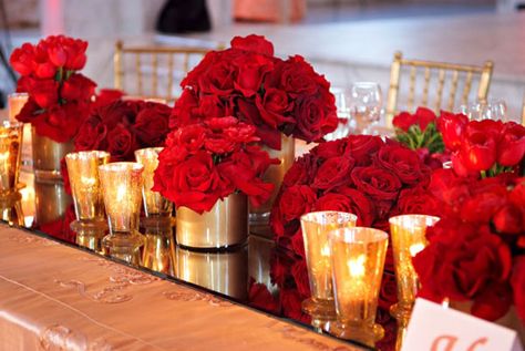 We could do small version of red pom poms in small votives, with small tea light candles Red Gold Wedding, Wedding Color Combinations, Wedding Colors Red, Gold Inspiration, Gold Centerpieces, Gorgeous Centerpieces, Gold Wedding Decorations, Gold Vases, Red Candles