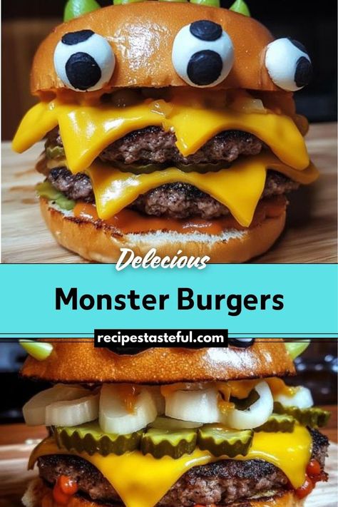 Monster Burgers are a spooky and fun twist on traditional burgers, perfect for Halloween or any kid-friendly gathering. Featuring mozzarella "eyes" and cheddar "fangs," these burgers are both playful and delicious. Halloween Burgers, Types Of Burgers, Halloween Potluck, Cheese Triangles, Classic Burger, Spooky Snacks, Pickle Slices, Festive Desserts, Grilled Onions