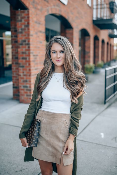 Suede Skirt Beige Skirt Outfit, Green Cardigan Outfit, Elegant Skirt Outfits, Suede Skirt Outfit, Caitlin Covington, Skirt Cardigan, Happy Monday Morning, Southern Curls And Pearls, Jean Skirt Outfits