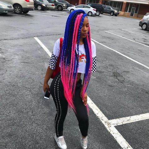 Long pink, blue, and black box braids @famousoceann Blue And Black Box Braids, Box Braids With Undercut, Braids With Undercut, Style Box Braids, Blue Braids, Black Box Braids, Style Box, Black Box, Undercut