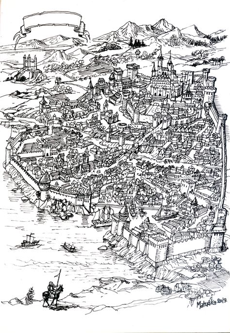 Fantasy City Map Drawing, Fantasy City Drawing, Fantasy Town Map, City Fantasy Map, Kingdom Drawing, Town Sketch, City Map Drawing, Town Drawing, Village Drawing