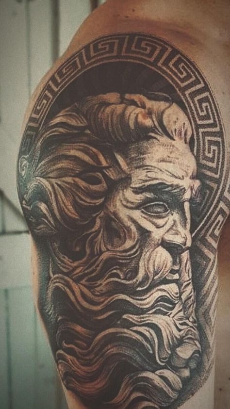 Greek Tattoos For Men, Zues Tattoo Mythology, Greek Mythology Sleeve, Versace Tattoo, Greek God Tattoo, Shoulder Sleeve Tattoos, Poseidon Tattoo, Zeus Tattoo, Spartan Tattoo