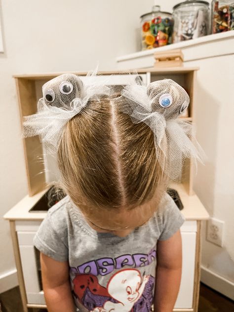 Halloween Girl Hairstyles, Ghost Pigtails, Halloween Hairstyles Kids, Spooky Hair Day, Toddler Halloween Hairstyles, Halloween Hair Ideas For Kids, Toddler Halloween Hair, Toddler Crazy Hair Day Ideas, Ghost Hair Buns