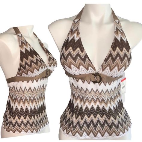 Beautiful Perry Ellis Zigzag Pattern Tankini Halter Top, Size Xs. New With Tags. Missoni Style Chevron Pattern White, Tan, Nude And Brown Woven Padded Cups, Removable Signature Metal O-Rings Adjustable Neck And Back * Tags: Sea Level, Nike, Vintage Bikini, Victoria’s Secret Bikini, Crochet Bikini, Knit Bikini, Tahari, Michael Kors, Y2k Bikini, Retro Bikini, 90s Bikini, Coach * Flat: 15” Armpit To Armpit (Stretches A Lot) * 10” Armpit To Bottom Hem * 22” Approximate Length (Neck Tie Adjustment) B 2000s Mcbling, Mode Gyaru, Rings Adjustable, Halter Top Tankini, Nike Vintage, Zigzag Pattern, 2000s Fashion Outfits, Perry Ellis, Sea Level