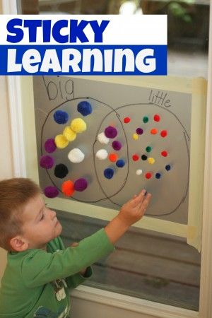 Sticky Learning - sorting math games (love this image..vertical surface, venn diagram, 3d sorting) Opposites Preschool, Toddler Math, Cognitive Activities, Creative Curriculum, Pom Pom Crafts, Learning Time, Toddler Learning Activities, Preschool Math, Preschool Fun