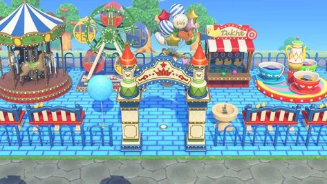 Carnival Anch, Acnh Plaza Carnival Design Ideas, Acnh Carnival Design Ideas, Acnh Boardwalk Carnival, Animal Crossing Plaza Carnival, Acnh Funfair, Acnh Plaza Carnival Ideas, Acnh Carnival Design Codes, Carnival Animal Crossing