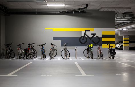 Bicycle Parking Design, Parking Lot Design, Parking Signage, Parking Lot Architecture, Bicycle Garage, Building Signage, Park Signage, Cycle Store, Underground Parking