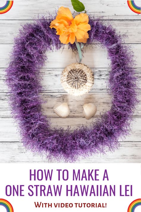 Super Easy Hawaiian Eyelash Yarn Lei Tutorial - Fuzzy Single Straw Lei - The Artisan Life Yarn Leis Diy, Hawaiian Graduation, Yarn Lei, Lei Tutorial, Lei Diy, Hawaii Scrapbook, Graduation Leis Diy, Bubble Tea Straws, Lei Making