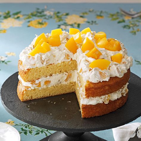 Cake with Peaches Recipe -This springtime layer cake is peachy and creamy. My mom gets requests for this cake from my brother for his April birthday. —Tamra Duncan, Decatur, Arkansas Peach Layer Cake Recipe, Scarecrow Bars, Cake With Peaches, Peach Cake Recipes, Peach Extract, Rice Chex, White Cake Recipe, Cake Frosting Recipe, Layer Cake Recipes