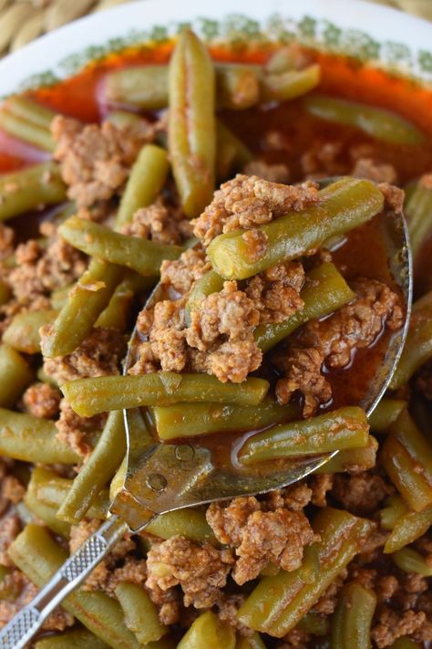 Tasty Green Beans with Ground Beef Recipe - These Old Cookbooks Meat And Green Beans, Green Beans Sausage, Hamburger And Green Beans, Ground Beef With Green Beans Recipes, Green Beans And Hamburger, Hamburger Meat And Green Beans, Ground Beef With Green Beans, Ground Turkey With Green Beans, Ground Beef Green Beans Recipes