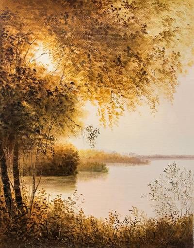 Amazon Trees and River Sepia Painting Signed by Artist - Amazon in the Afternoon | NOVICA Sepia Painting, Sepia Aesthetic, Sepia Landscape, Stain Art, Sepia Art, Kitchen Colours, Mediums Of Art, Canvas Paint, Tree Drawing