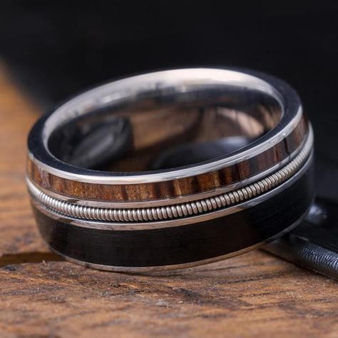 Men's Wedding Bands | Jewelry by Johan Guitar String Ring, String Ring, Weddings Rings, Rock Room, Red Palm, Palm Wood, Wood Wedding Band, Inlay Jewelry, Antler Ring