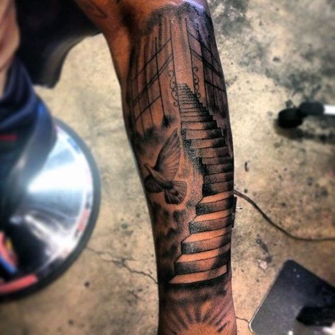 Stairs To Heaven Mens Leg Sleeve Tattoos Stairs To Heaven Tattoo, Gates Of Heaven Tattoo, Religious Tattoos For Men, Stairway To Heaven Tattoo, Religious Tattoo Sleeves, Holy Tattoos, Christus Tattoo, Natur Tattoo Arm, Heaven Tattoo