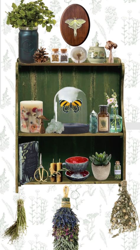 Shelf Altars - 1, Green #witchaesthetic #witch #witchcraft #altar #greenwitch #plants #herbs #green Plant Witch, Witch Altar, Witchcraft Altar, W.i.t.c.h Aesthetic, Witches Altar, Green Witch, Witch, Herbs, Plants