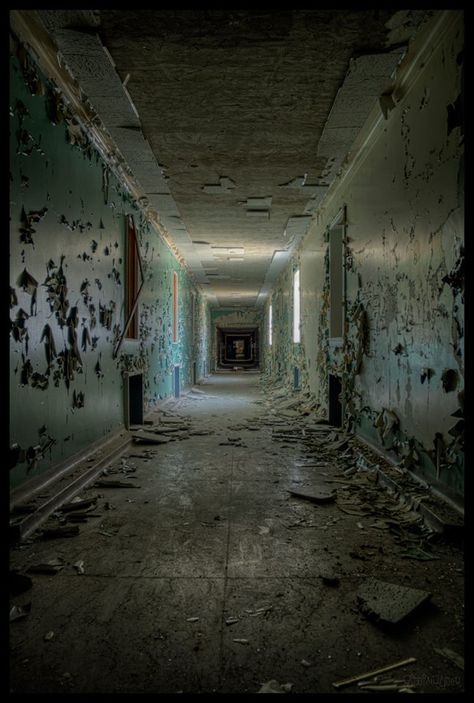 Main corridor in abandoned psychiatric hospital Hospital Corridor, Horror Hospital Background, Psychiatric Hospital Horror, Eerie Hospital, Abandoned Hospital Exterior, Abandoned Asylums Psychiatric Hospital, Abandoned Hospital Creepy, Psychiatric Ward, Abandoned Psychiatric Hospital