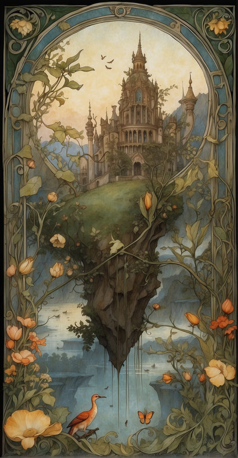 Art Nouveau Floating Castle Celtic Landscape, Art Nouveau Landscape Illustration, Celtic Landscape Art, Art Nouveau Fantasy City, Romantic Pastoral Art Nouveau, Beautiful Yards, Yard Design, Indie Music, Generative Art