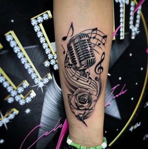 Retro Microphone Tattoo, Old Microphone Tattoo, Music Memorial Tattoo, Mic Tattoo Design, Microphone Tattoo Design, Mic Tattoo, Musician Tattoo, Microphone Tattoo, Music Tattoo Sleeves