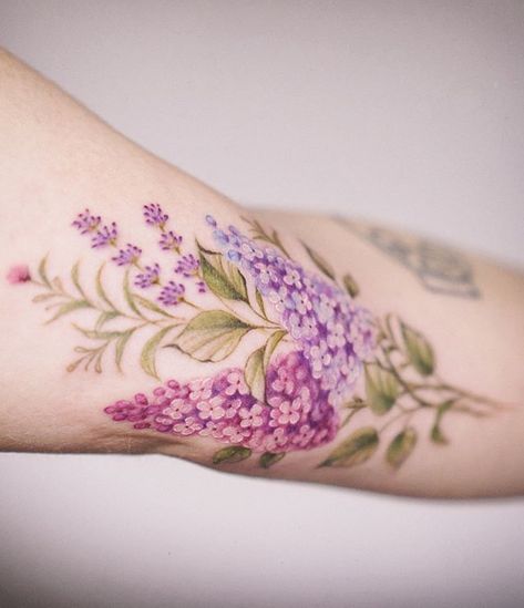 Lilac Tattoos For Women, Lilac Flowers Tattoo, Springtime Tattoo, Silo Tattoo, Purple Floral Tattoo, Colourful Flower Tattoo, Lilacs Tattoo, Flower Cluster Tattoo, Lilac Flower Tattoo