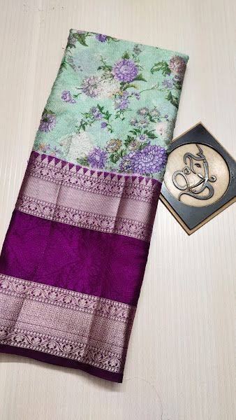 *Pure beneras dupiona silk digital  with kanchi border..zari pallu**Contrast blouse with border** Price:2999+ship To Buy, click here or Whatsapp image to chat directly with us: Whatsapp on+ 91 9502316419 New Silk Saree Collections, Kanjivaram Sarees Silk With Prices, Fancy Sarees With Price, Blouse With Border, Jute Sarees, Digital Print Saree, Dupion Silk Saree, Kanjivaram Sarees Silk, Half Saree Lehenga