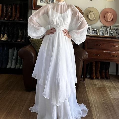 Dreamy 1970’s chiffon vintage wedding dress  Modest... - Depop Vintage Wedding Dress 1970s, Wedding Dress Modest, 1970s Wedding Dress, 1970s Wedding, Modest Neckline, Dress Modest, Vintage Wedding Dress, Wedding Plan, Sheer Overlay