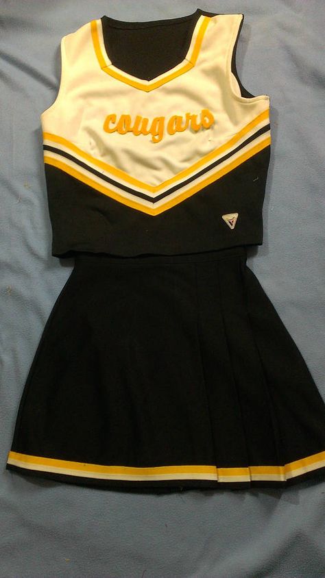 Cougars Black Gold Cheerleader Uniform Football Game Dance Halloween Costume NEW White Cheerleader Uniform, Varsity Cheer Uniforms, Camo Prom, Cheerleader Halloween Costume, Varsity Top, Tiger Girl, Cheerleader Costume, Cheerleading Uniforms, Cheer Outfits