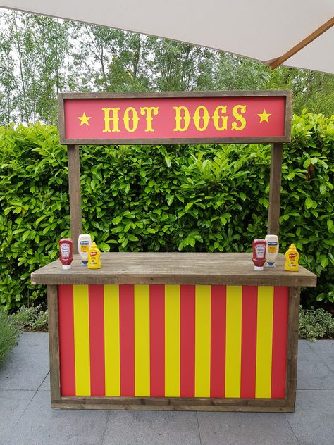 Hot Dogs Food Stall | Event Prop Hire Food Stall Ideas For College Fest, Hot Dog Stand Ideas, Stall Decoration Ideas Fair, Burger Stall, Carn Evil, Hot Dog Bar Toppings, Stall Design Ideas, Hot Dog Party, Stall Decorations