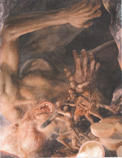 Odysseus and His Men Blind the Cyclops, by Alan Lee. (Homer's Odyssey/In the One-Eyed Giant's Cave/Polyphemus/user: Aethon) Odysseus And The Cyclops, Son Of Poseidon, Homer Odyssey, Alan Lee, John Howe, Alchemy Art, Greek History, Greek And Roman Mythology, Greek Mythology Art