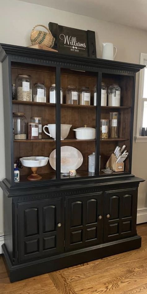 Painted Black China Cabinet, China Cabinet Before And After, Industrial China Cabinet, Black Hutch Makeover, Black China Hutch, Kitchen Hutch Makeover, Refinished Hutch, Hutch Makeover Diy, Refinished Dresser Diy