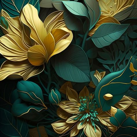 Photo teal and goldenfantasy flower illu... | Premium Photo #Freepik #photo #floral-art #vintage-floral #fabric-design #flower-painting Watercolor Art Background, Vintage Flower Backgrounds, Art Cover, Teal Flowers, Floral Photo, Design Flower, Watercolor Invitations, Teal And Gold, Content Ideas