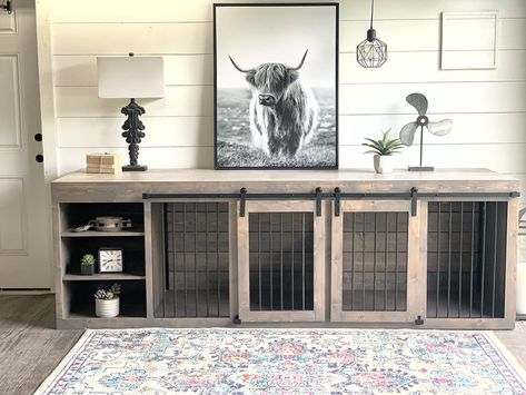 Dog Kennel Console Table Diy, Dog Tv Stand Kennel, Tv Stand Dog Crate, Built In Dog Kennels, Ikea Dog Crate Hack, Cabinet Dog Crate, Diy Double Dog Kennel, Dog Crates Ideas, Hidden Dog Crate