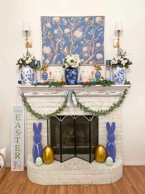 Grandmillennial Easter Mantle Scape with flocked bunnies and ginger jars Easter Hosting, Flocked Bunnies, Easter Mantle Decor, Grand Millenial, Easter Mantle, Easter Sweets, Mantle Decor, Ginger Jars, Easter Decor