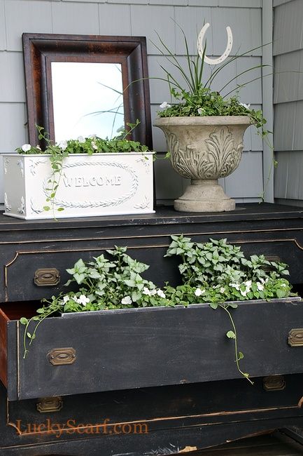 Free to Fabulous - Turn and Old Dresser into Fab Garden/porch Showcase Dresser Planter, Aesthetic Study Desk, Chest Of Drawers Decor, Apartment Decor Aesthetic, Decor Diy Ideas, Porch Plants, Vintage Home Accessories, Girly Apartment Decor, Refinishing Furniture Diy