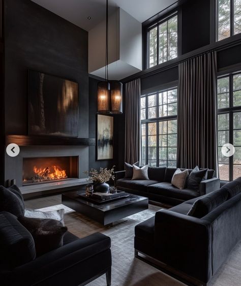 Dark And Light Home Interior, Dark Condo Aesthetic, Moody Chic Living Room, Dark Lounge Room, Dark Romantic Living Room, Marble Living Room Decor, Modern Living Room Dark, All Black Home, Modern Black Living Room