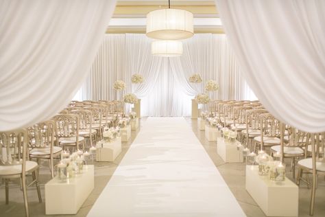 Chiavari Chairs Wedding, Wedding Ceremony Aisle, Fairytale Wedding Theme, Wedding Processional, White Wedding Ceremony, Draping Wedding, Ceremony Aisle, Wedding Venues Indoor, Downtown Wedding