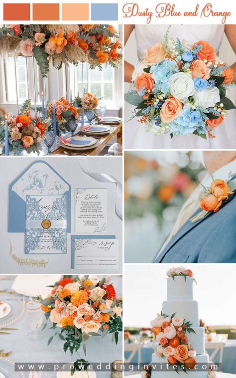 Wedding Theme Orange, Dusty Blue And Orange Wedding, Orange And Blue Wedding, Blue Orange Weddings, Orange Ideas, Wedding Color Schemes Blue, Personalized Wedding Invitations, Orange Wedding Themes, Wedding Theme Color Schemes