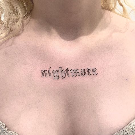 Nightmare by @ellepleure Nightmare Tattoo, Small Face Tattoos, Gothic Writing, Tattoo Fonts Cursive, Gothic Lettering, Word Tattoo, Lettering Tattoo, Writing Tattoos, Forearm Tattoo Women